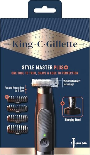 Gillette King C - Cortapúas eléctricas para hombres, estilo Master Plus, inalámbrico y con cuchillas afiladas, estuche para barba para hombre con 4 zuecos intercambiables para podar y afeitar