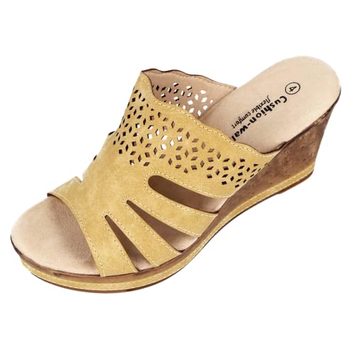 Cushion Walk Ladies Open Toe Leather Lined Backless Mule Sandals (Yellow, 6 UK, numeric_6)
