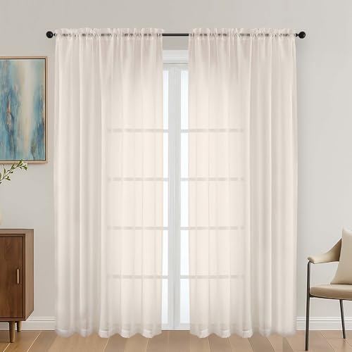 Image of OVZME Cream Sheer Curtains 72 Inches Long 2 Panels Set, Light Filtering Sheer Curtains for Living Room Bedroom 59 Inch Extra Wide, Modern Voile Filmy Rod Pocket Window Drapes, 59Wx72L Inches