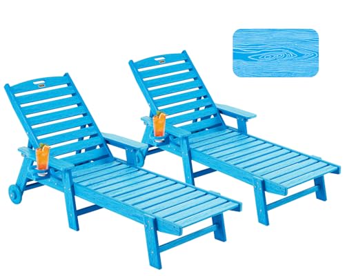 Image of Patio Chaise Lounge Chair Set of 2, Oversize Lounge Chairs with Wood Texture& Rolling Wheels, HDPE 6-Position Plastic Lounge Chairs for Poolside, Patio, Deck, Beach,Pacific Blue