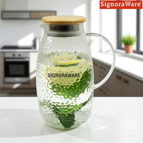 Image of Signoraware BoroLuxe Borosilicate Glass Jug with Bamboo Lid | Heat Resistant | Elegant Airtight Bamboo Lid for Natural Look | Ideal for Water, Juice, Detox & Infused Beverages (1.5 Ltr | Clear)