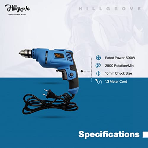Image of Hillgrove HGPD2M6 500W Power Drill Machine with 5 Drill Bits for Making Holes in Metal /Wood /Concrete with Reverse Rotation and Variable Speed Pistol Grip Drill (10 mm Chuck Size)