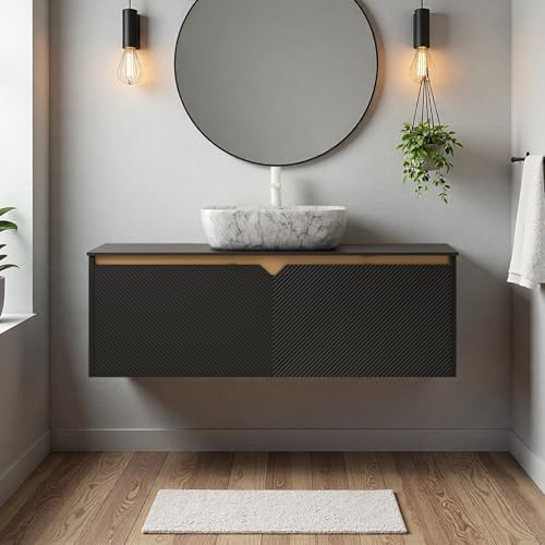 Image of Floating Bathroom Vanity with Sink, 48 inch Bathroom Storage Cabinet with Sintered Stone Countertop & Marble-Pattern Ceramic Basin, Modern Wall-Mounted Vanity with 2 Twill Pattern Doors, Black