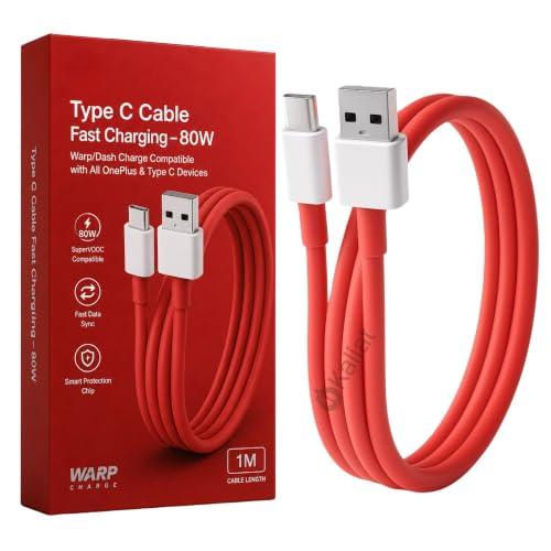 Image of Type C Cable Fast Charging - 80W | Warp /Dash Charge Compatible with All OnePlus & Type C Devices | USB A to Type C Cable | Fast Data Sync & Smart Protection Chip for Safe Power Control - Red
