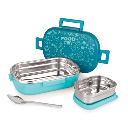 Image of Attro Food Time Stainless Steel Lunch Box, Airtight & Leak Proof - 2 Containers with Spoon (Big 750 Ml & Small 250 Ml) for Office Use, School, Picnic -Blue & Sky Blue