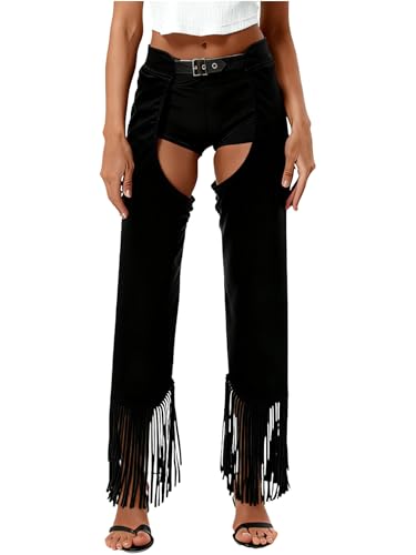 Sywiyi Womens Faux Suede Buttless Western Chaps Adult Hollow Out Open Buttocks Overpants Fashion Chinks Black X-Large
