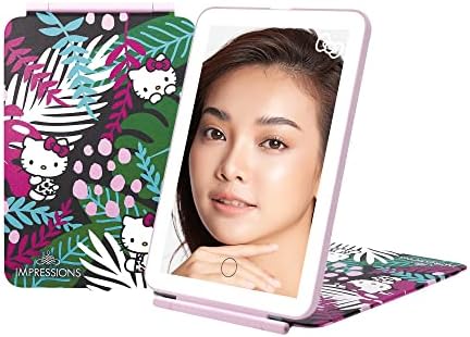 Impressions Vanity Hello Kitty Touch Pad Mini Tri-Tone Makeup Mirror with Animal Print Flip Cover and LED Strip, Travel Vanity Mirror with Touch Sensor Switch and USB Extension (Animal Pink)