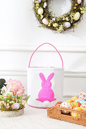 Image of Easter Baskets for Kids - Boys and Girls Easter Egg Hunt Baskets, Cute Sequin Rabbit Bunny Printed Canvas Gift Basket for Baby, Easter Decorations Party Supplies (G-Green and Pink)