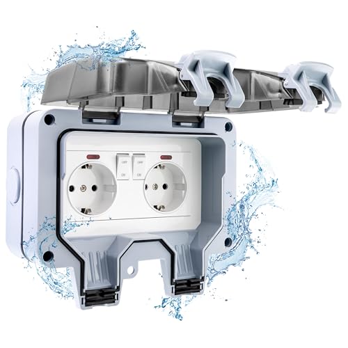 Poppstar wasserdichte, schaltbare Außensteckdose IP66 (2-fach Aufputz mit Klappdeckel, Aufputzsteckdose abschließbar), hellgrau