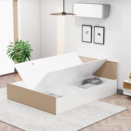 Image of Bniture Modern King Size Bed with Storage Box | Engineered Wood Bed 3D Textured Panels | Dual Tone Cupboard for Bedroom | Wooden Bed King Size with Storage (Frosty White & Giant Wood, King)