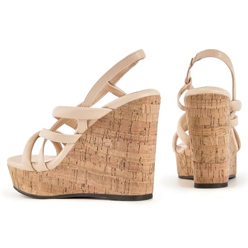 Image of Coutgo Women Platform Wedge Sandals Cork Slingback Wedges Espadrilles Heels Summer Shoes