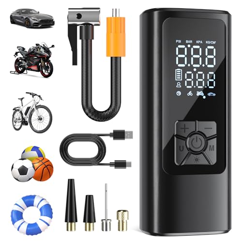 Tyre Inflator Cordless Air Compressor, Portable Electric Bike Pump 150 PSI, with Digital Dual Values Display, Pressure Gauge, LEDLight for Car, Bike, Motorbike, Ball