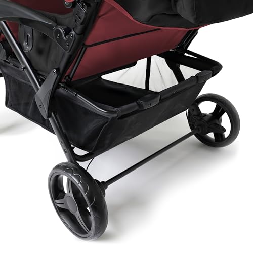 Gaggle by Foundations Odyssey 4 Seat Quad Stroller | 4-Seat Stroller for Daycare | Oversized Canopy and Bench Seats | 5-Point Harness | Foot Brake | All Terrain Tubeless Wheels | Red/Blk