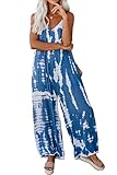 HVEPUO Spaghetti Strap Bohemian Summer Jumpsuits for Women Tie Dye Pant Rompers Casual Loose Plus Size Jumpers with Pockets Blue M