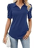 Women's Collared Tops Short Sleeve Polo Shirts Casual Business Work Blouse Tunic Blue X-Large