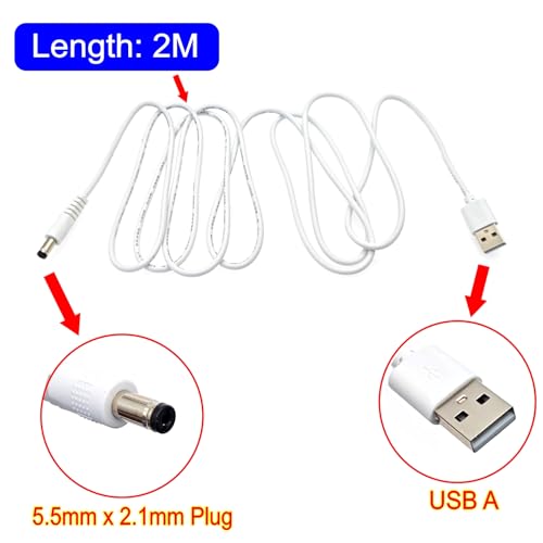 JZK Blanc 2m Câble d'alimentation USB vers CC 5 V, connecteur Jack cylindrique 5,5 x 2,1 mm, câble Charge USB Type-A vers Prise CC pour routeurs, Mini-Enceintes, Bandes LED, caméras vidéosurveillance – vue 2