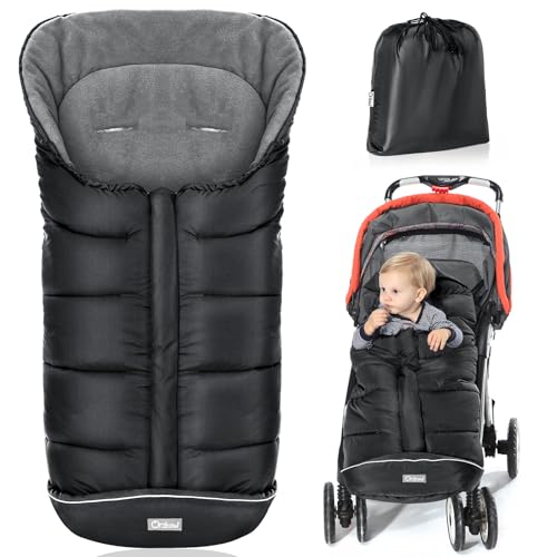 Orzbow Saco Silla Paseo Universal Invierno, Saco Carro Bebe Invierno con Pile Coral, Impermeable, Fácil Acceso, Cremallera e Tira Reflectante, Lavable a Máquina (Negro)