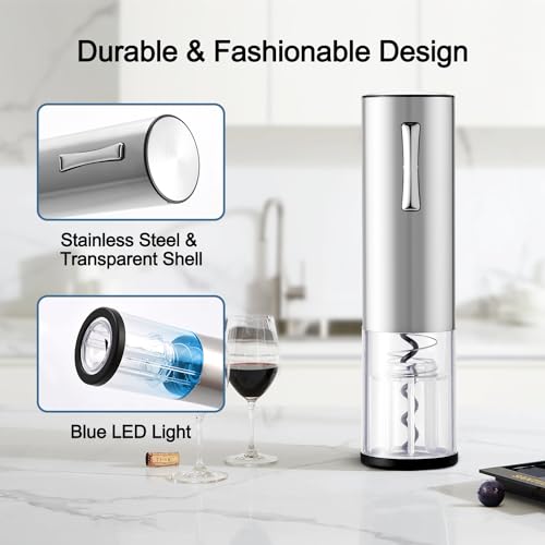 VinoLux Compact Rechargeable Wine Opener – Electric Corkscrew with Foil Cutter, LED Light, Stainless Steel Shell & Transparent Window - Image 4