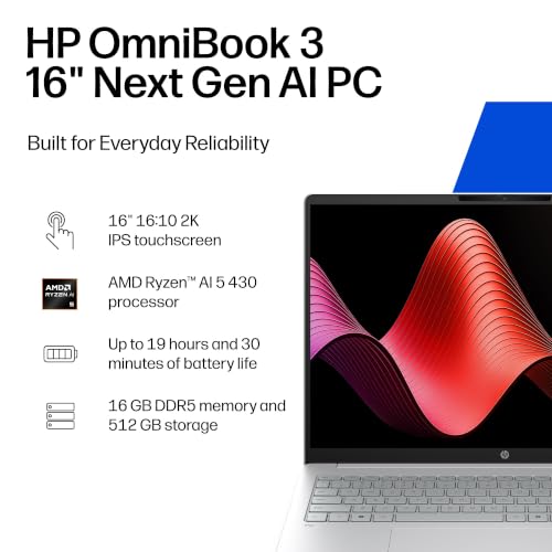 Image of HP OmniBook 3 16 inch Next Gen AI PC, AMD Ryzen AI 5 430, 16 GB RAM, 512 GB SSD, Windows 11 + Microsoft 365 Personal 12-Month Subscription Bundle