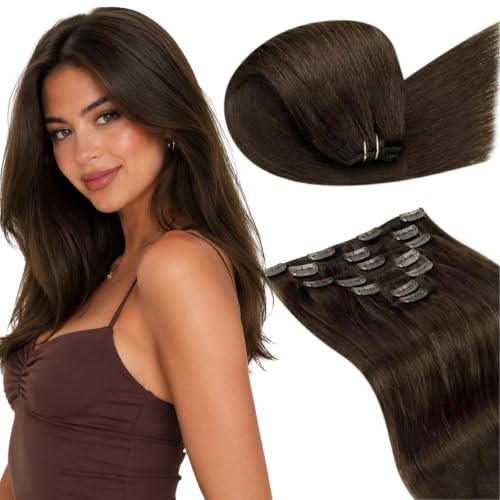 Image of LaaVoo Human Hair Clip In Extensions, For Quick Volume, 20 Inch | Soft Medium Brown Base, 120g 7pcs, Clip On Extensions Human Hair, Smooth, Natural Shine