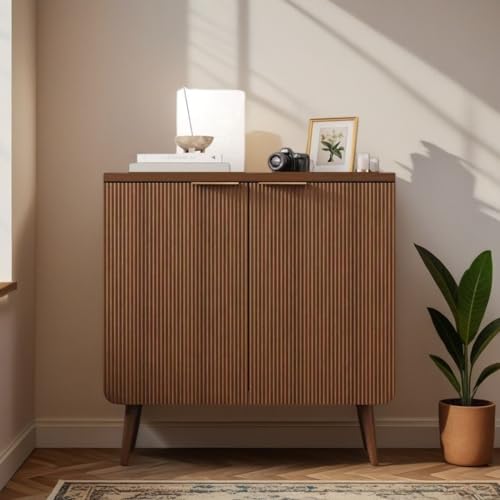 ComeWay 29.5" Modern Fluted Sideboard Cabinet with 2 Doors, Wood Storage Credenza with Shelves, Multi-Purpose Buffet Cabinet for Entryway, Dining & Living Room, Walnut