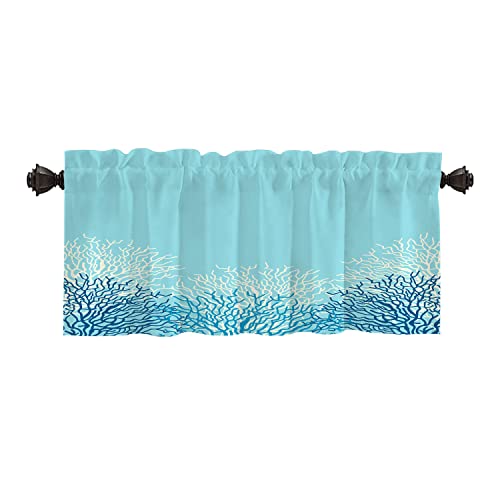 Batmerry Sea Ocean Coral Kitchen Valances Half Window Curtain, Blue Ocean Sea Life With Corals Border Caribbean Kitchen Valances For Windows Valance For Decor Reducing The Light 52X18 Inch #TOP18