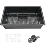 TULAZOU Lavello da cucina nero, 84 x 48 x 25 cm, in acciaio inox, da incasso, con griglia sul pavimento (nero)