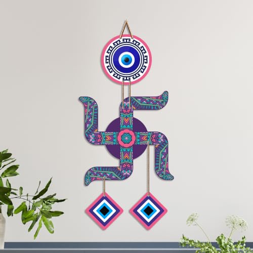 Image of Artvibes Swastik Evil Eye Wall Hanging for Home Entrance Door Decor | Sacred Hindu Swastik Symbol with Nazar Battu Protection for Positive Energy | Good Luck | Vastu & Spiritual Wall Art (WH 85108N)