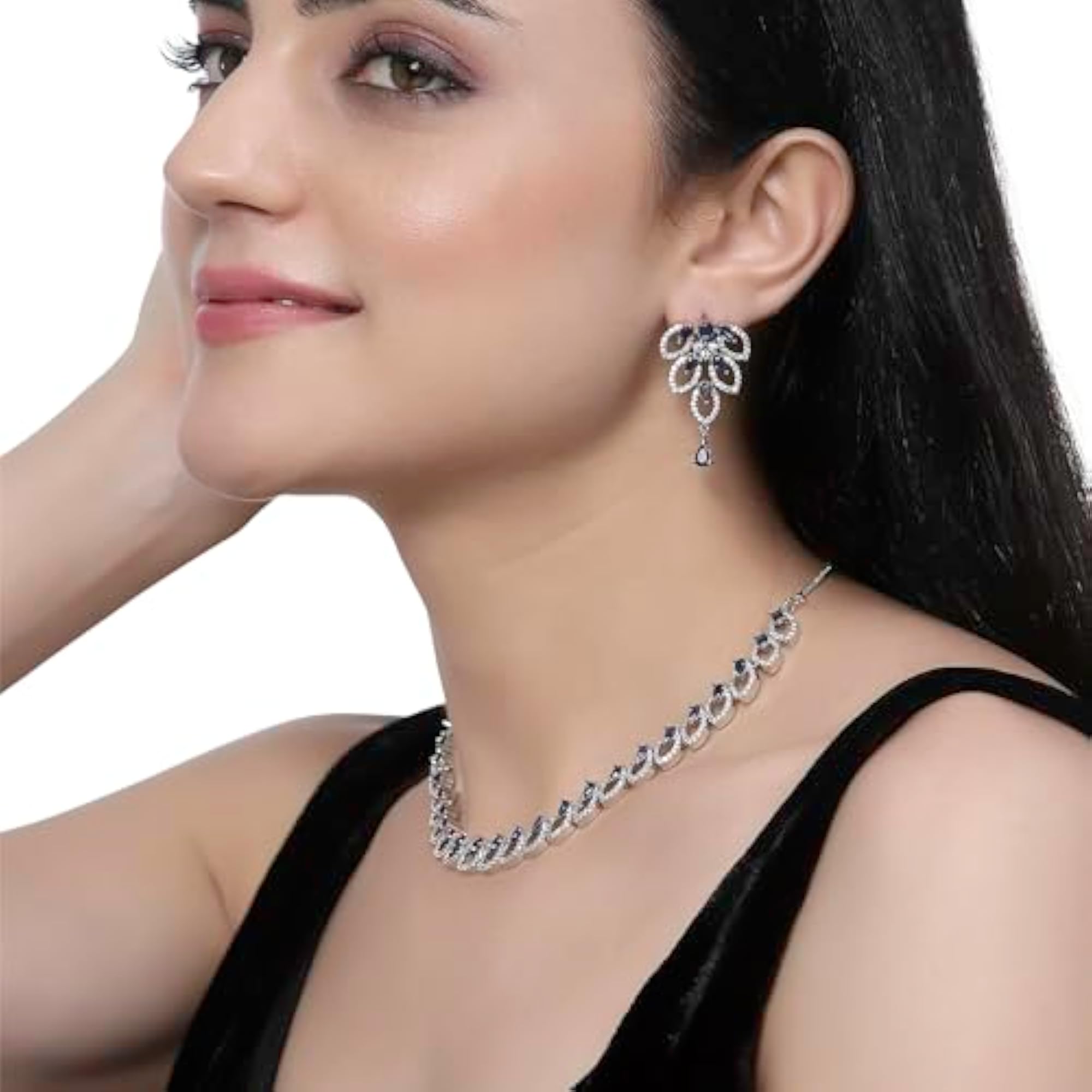 Rhodium-Plated AD Leaf Necklace Earring Set