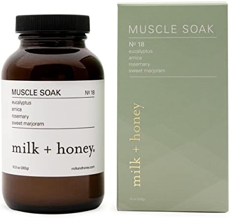 milk + honey Muscle and Bath Soak No. 18, with Eucalyptus, Arnica, Rosemary and Sweet Marjoram, Moisturizing Bath Soak, Sea Salt and Epsom Salt Bath, 10 oz