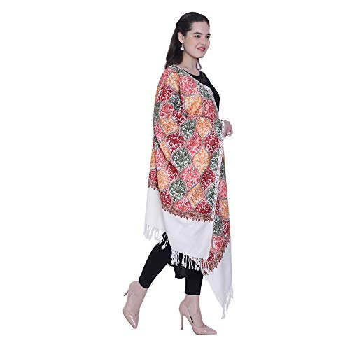 SWI WITH LABEL Women's Kashmiri Aari Embroidered Wool Stole (KP102_White_Free Size)