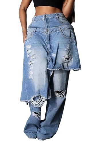DINGANG Women's Ripped Jeans Baggy Distressed High Waisted Straight Wide Leg Asymmetrical Patchwork Denim Pants