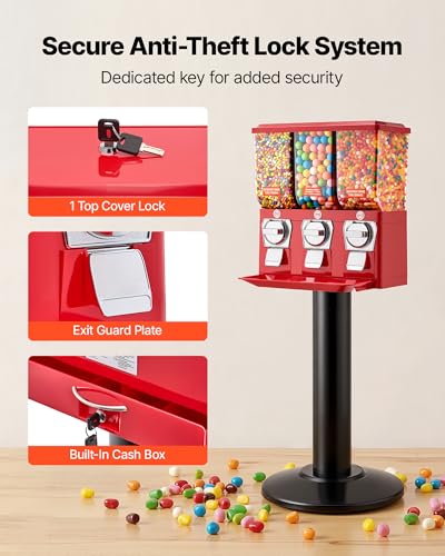 Image of VEVOR Candy Vending Machine, Triple Compartment Candy Vending Machine with Stand, Gumball & Candies Vendings Machines with Built-in Cash Box, Detachable, Vintage Candies Dispenser for Shops, Arcades