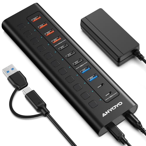 Powered USB Hub ANYOYO 11-Port USB Splitter Hub 11* USB,Wall Mounting Design, Individual On/Off Switches, USB C Hub 3.0 Powered Adapter for Laptop/PC