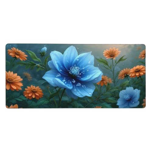 Alfombrilla Gaming, Alfombrilla Ratón Grande, Alargar Lavable la Almohadilla del Ratón, Base Antideslizante de Caucho, Mejora de la Velocidad y la Precisión, Computadora, 800x400x4mm, Azul Flores Z472