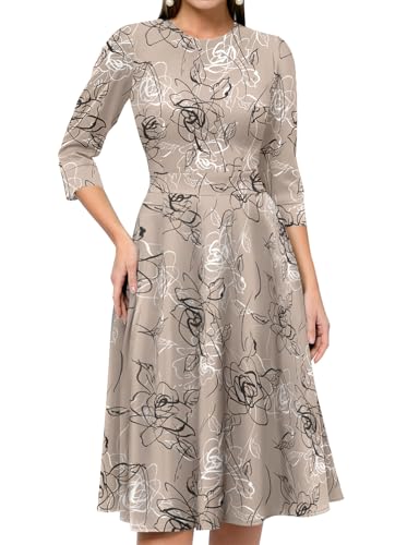 Image of Simple Flavor Women's Floral Vintage Dress Elegant Midi Evening Dress 3 /4 Sleeves