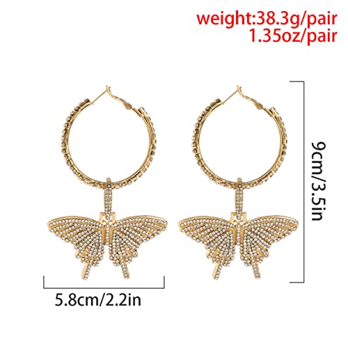Wiwpar Large Butterfly Hoop Dangle Earrings Sparkly Rhinestone Butterfly Earrings Fashion Round Circle Open Hoop Dangle Earrings For Women Girls (Gold) #TOP6