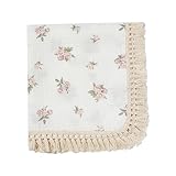 insular Cotton Muslin Baby Blanket with Tassel, Boho Bohemian Muslin Swaddle Blanket Baby Receiving Blanket with Fringe, Nursery Decor Throw or Nursing Blankets, 47' x40”, Pink Rose