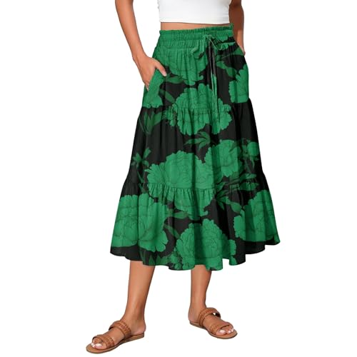 Midi Skirts for Women 2025 Boho Floral Skirts Tiered Ruffle Skirt Flowy High Elastic Waisted A Line Skorts with Pockets