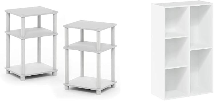 Furinno Just 3-Tier Turn-N-Tube End Table / Side Table / Night Stand / Bedside Table with Plastic Poles, 2-Pack, White/White and Furinno Luder Bookcase / Book / Storage, 5-Cube, White