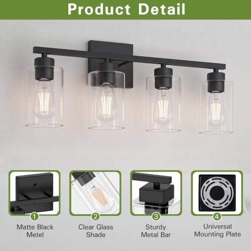 Image of 4 Light Bathroom Vanity Light - Matte Black Bathroom Light Fixtures UL Certification, Round Light Fixture Over Mirror, Farmhouse Light Fixtures for Bathroom & Bedroom