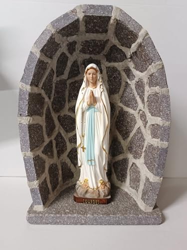 Generico ArteSacraCaravaggio Grotta in porfido cm 41,5 x 29,5 con statua della Madonna di Lourdes cm 30 in marmo resina realizzata interamente a mano di produzione artigianale italiana