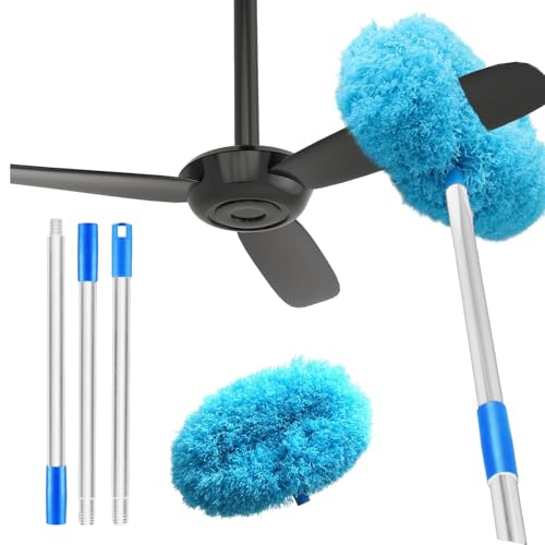 Image of Maxoshine Fan Cleaner Brush with Long Rod Flexible Fan Cleaning Mop Microfiber Dust Cleaner Foldable Duster Microfiber Duster for Cleaning of Home, Kitchen, Car (Blue+Yellow)