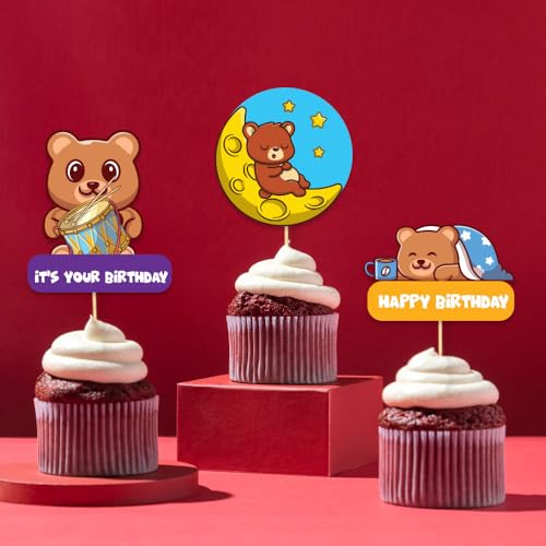 Image of Festiko Set of 8 Pcs Bear Theme Happy Birthday Cupcake Topper, Cake Decoration Supplies, Bear theme birthday decorations