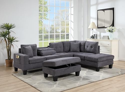 UBGO Sectional Couches for Living Room,Reversible Sectional Sofa with Dropdown Table, Charging Ports, Cupholders, Storage Ottoman, and Pillows,L Shaped Couch for Home, Apartment-Dark Gray