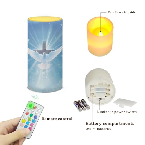 Image of Poceacles Dove of Peace Cross Blue Flameless LED Candle Flickering Wick Electric Candles with Remote Timer Color Changing Fake Pillar Candle for Home Indoor Tabletop Wedding Decoration
