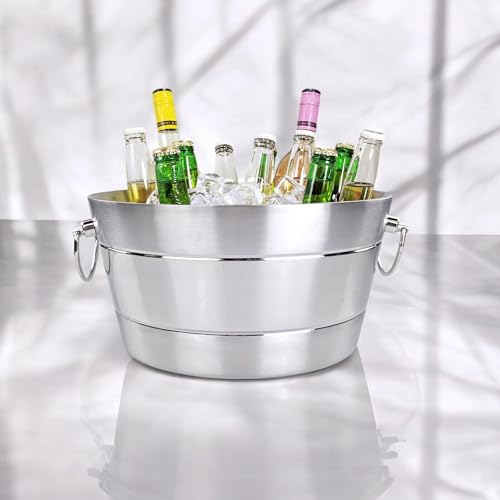 BREKX Stainless Steel Ice Bucket for Parties, Double Wall Insulated Anchored Brushed Drink Tub &amp; Wine Bucket with Double Hinged Handles, Drink Chiller for Parties, 12QT (3 Gallon), 100% Leak Proof