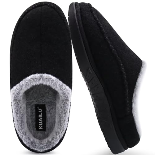 Image of KuaiLu Mens Clog Slippers with Comfy Arch Support Orthotic Plantar Fasciitis Memory Foam Slippers for Men Winter Fluff Faux Fur Slip on Felt Houes Shoes Hard Rubber Sole Black Size 7