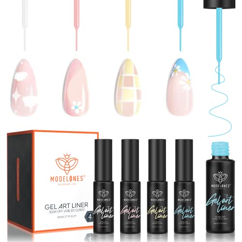 Modelones Pastel Gel Nail Polish Nail Art Gel Liner Set-4 Colors Macaron Pink Yellow Blue White Summer Gel Polish For French Tip Swirl Painting Nail Designs Starter Kit Built Thin Brush #TOP24