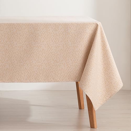 GAMUSI Mantel Antimanchas Mesa Rectangular Lurex Hilo Dorado Jacquard Impermeable 140x300 cm, Tacto Tela, Color Crudo/Oro - Tilu